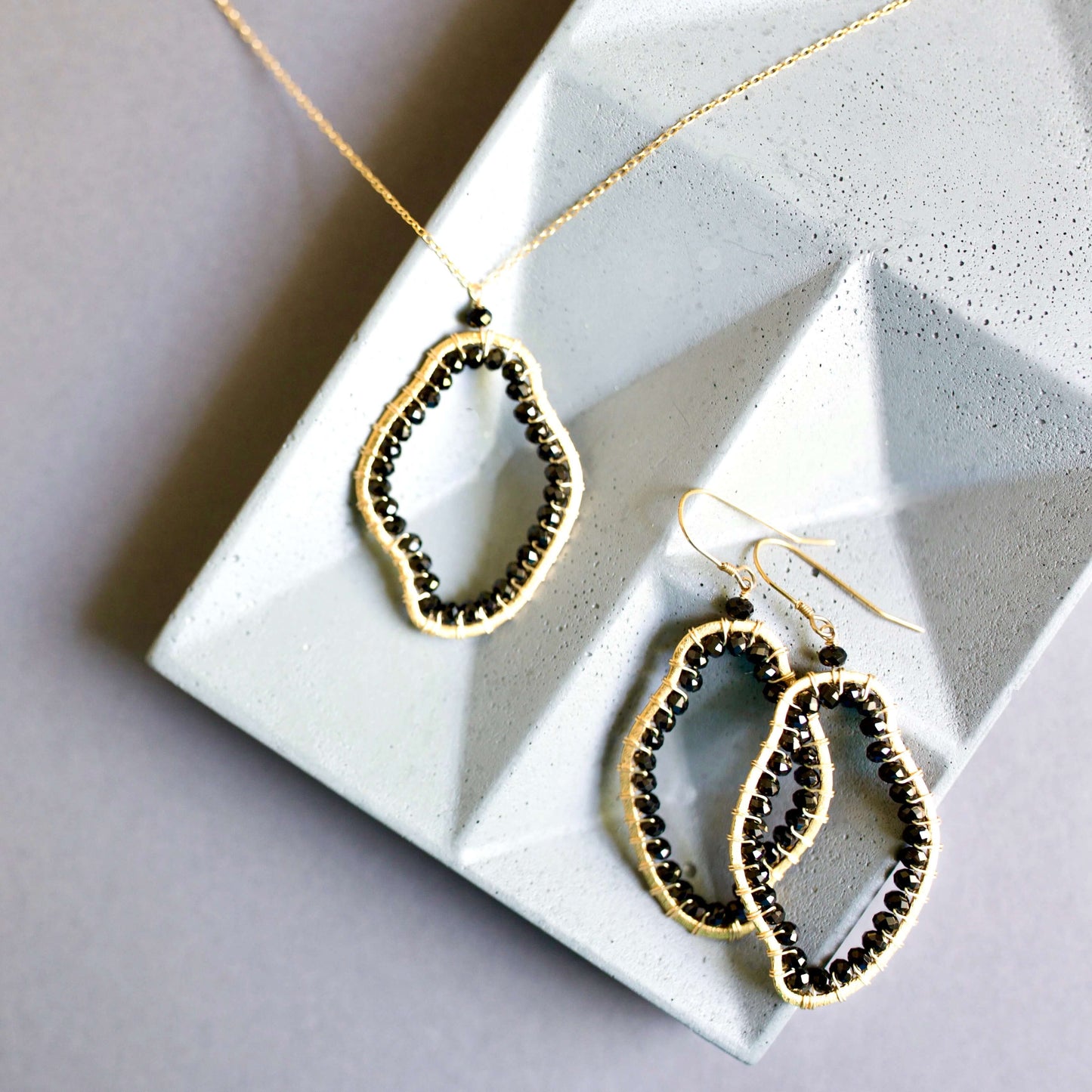 Black Spinel Unique Freestyle Earrings 14k Gold Plated PARKEN JEWELRY