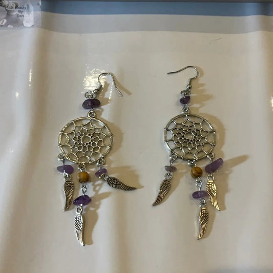 Amethyst Dreamcatcher Earrings Handcrafted with Authentic Chips Beauty by Dani