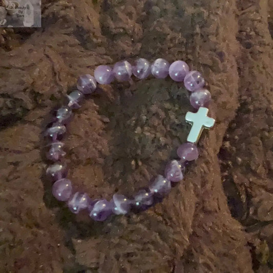 Amethyst 8mm Beads Cross Bracelet