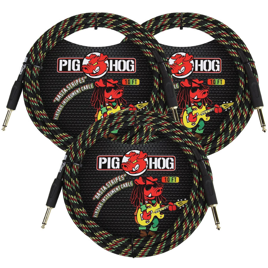 Instrument Cable 10ft 3 Pack Pig Hog PCH10RA 'Rasta Stripes'