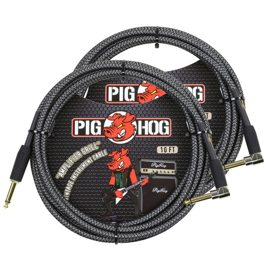 Pig Hog PCH10AGR Right-Angle 1/4' to 1/4' Amplifier Grill Guitar Instrument Cable 2 Pack