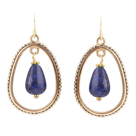 Inline Blue Lapis Drop Golden Earrings Semi-Oval Brass