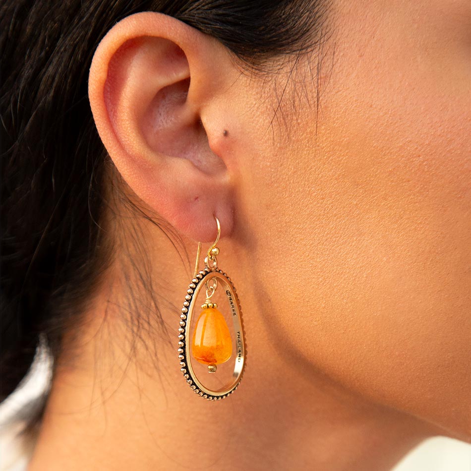 Inline Orange Jade Drop Golden Earrings Semi-Oval Brass Design Barse Jewelry