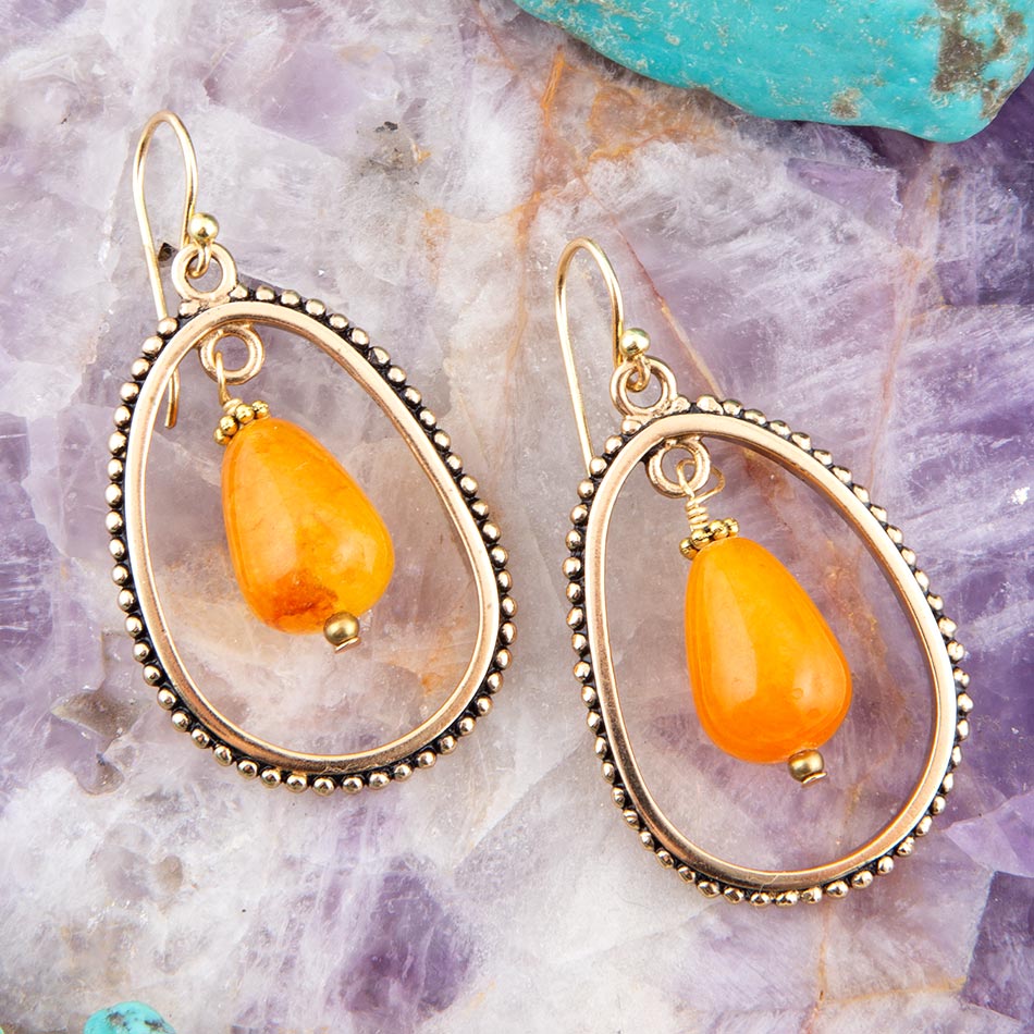 Inline Orange Jade Drop Golden Earrings Semi-Oval Brass Design Barse Jewelry