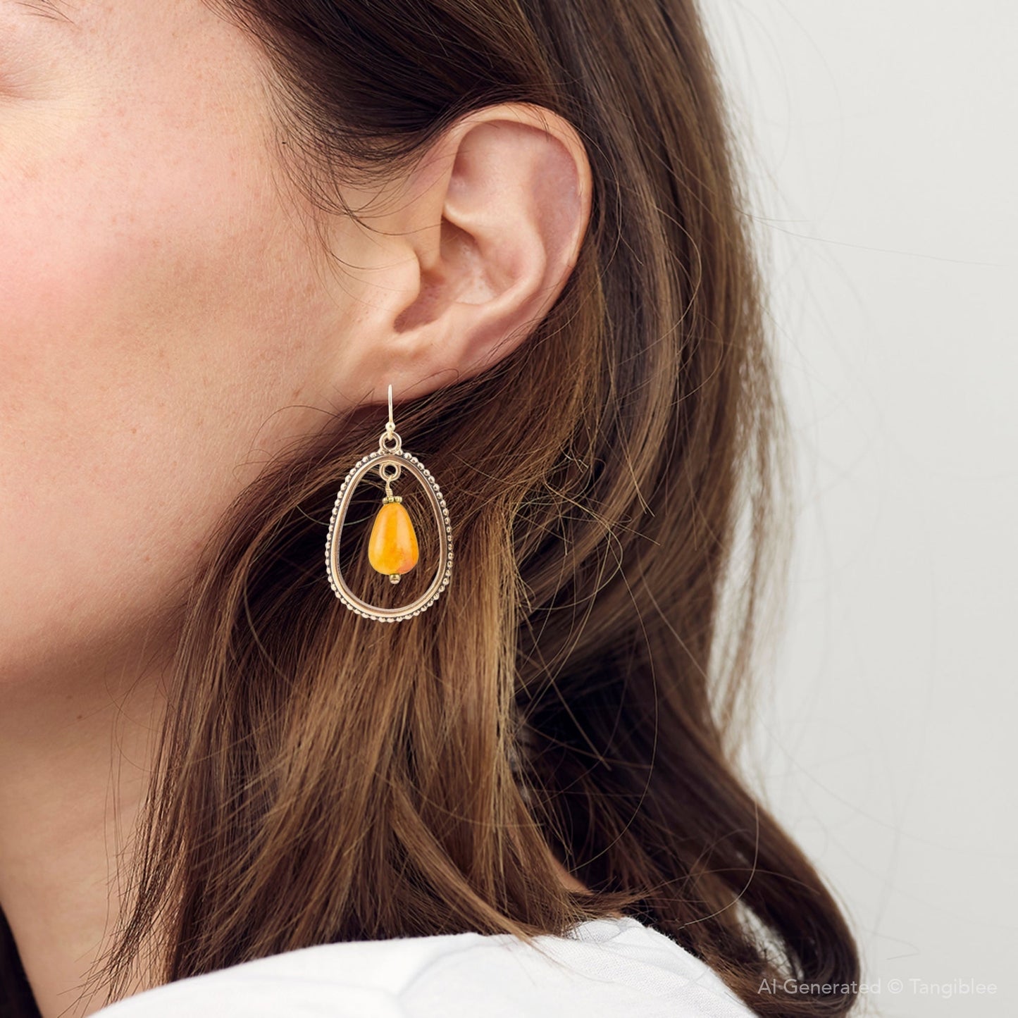 Inline Orange Jade Drop Golden Earrings Semi-Oval Brass Design Barse Jewelry