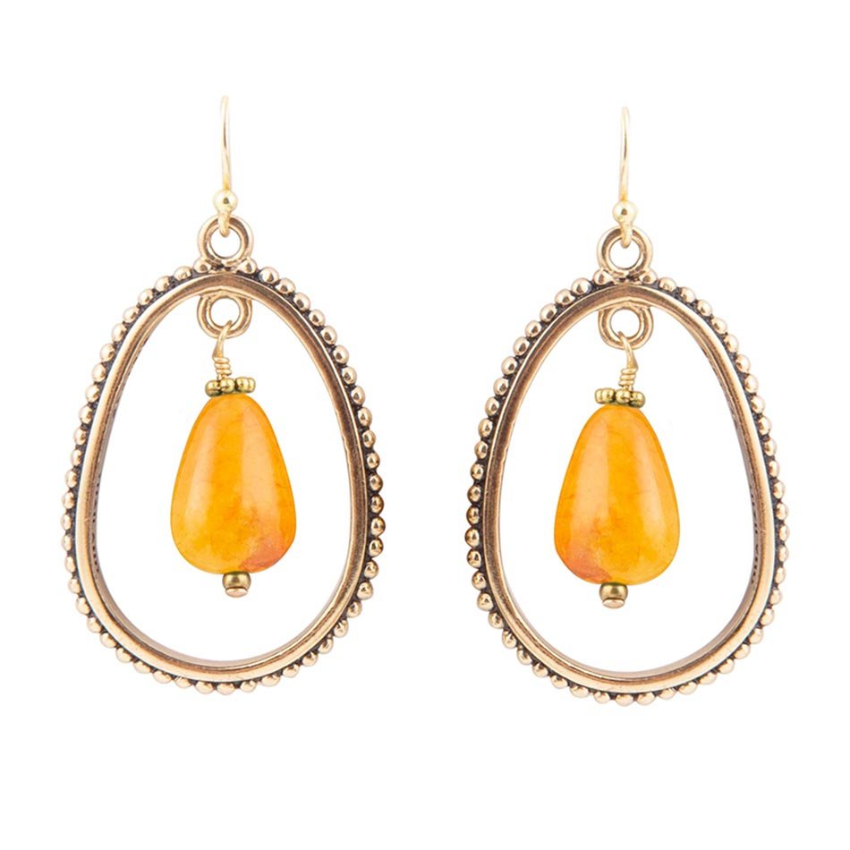 Inline Orange Jade Drop Golden Earrings Semi-Oval Brass Design Barse Jewelry