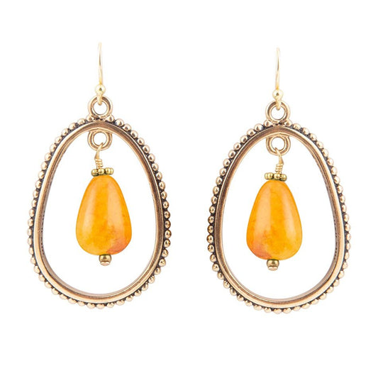Inline Orange Jade Drop Golden Earrings Semi-Oval Brass Design Barse Jewelry