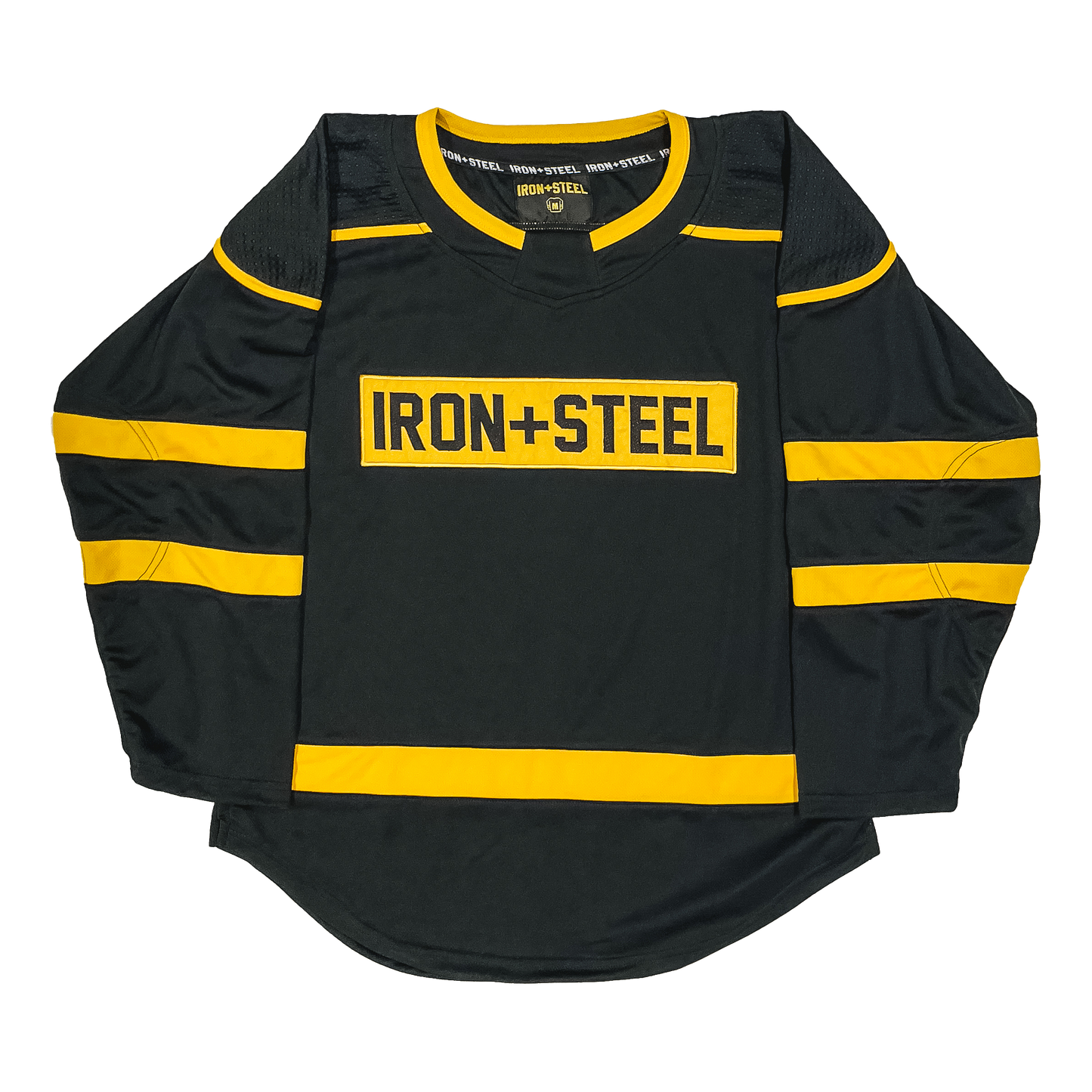 Iron+Steel Black Gold Dimpled Shoulder Hockey Jersey