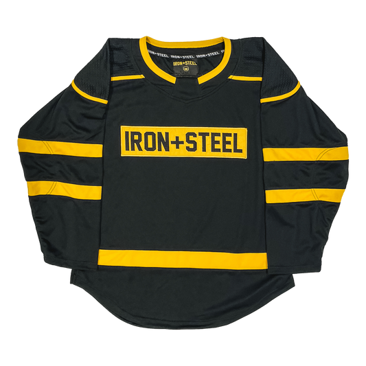 Iron+Steel Black Gold Dimpled Shoulder Hockey Jersey