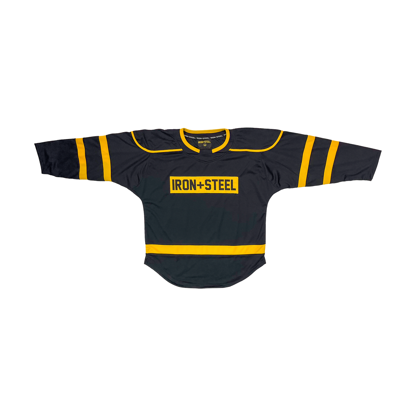 Iron+Steel Black Gold Dimpled Shoulder Hockey Jersey