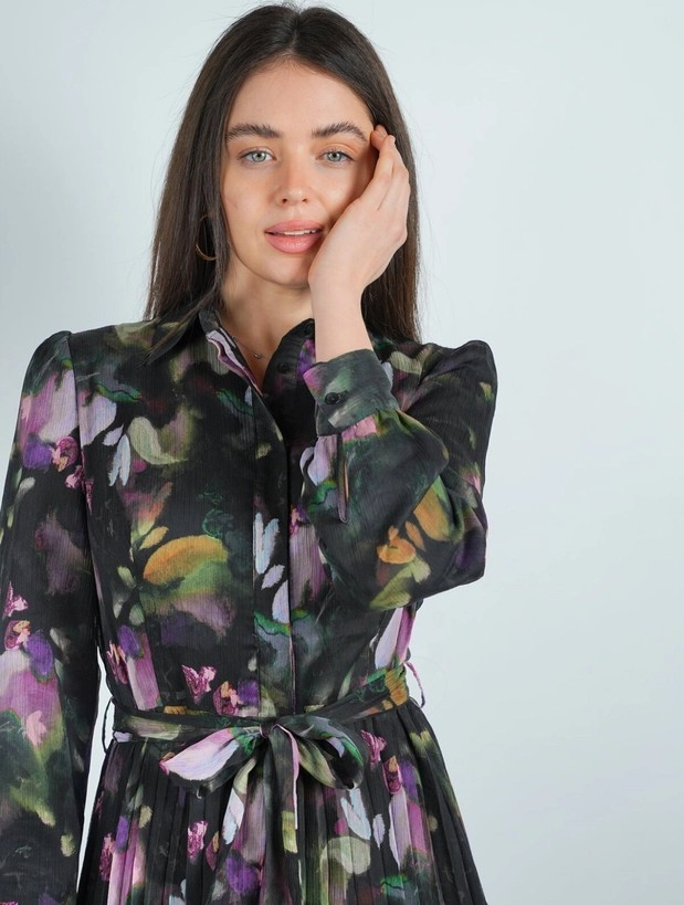 Chiffon Multi-Colored Belted Pleated Shirt Dress