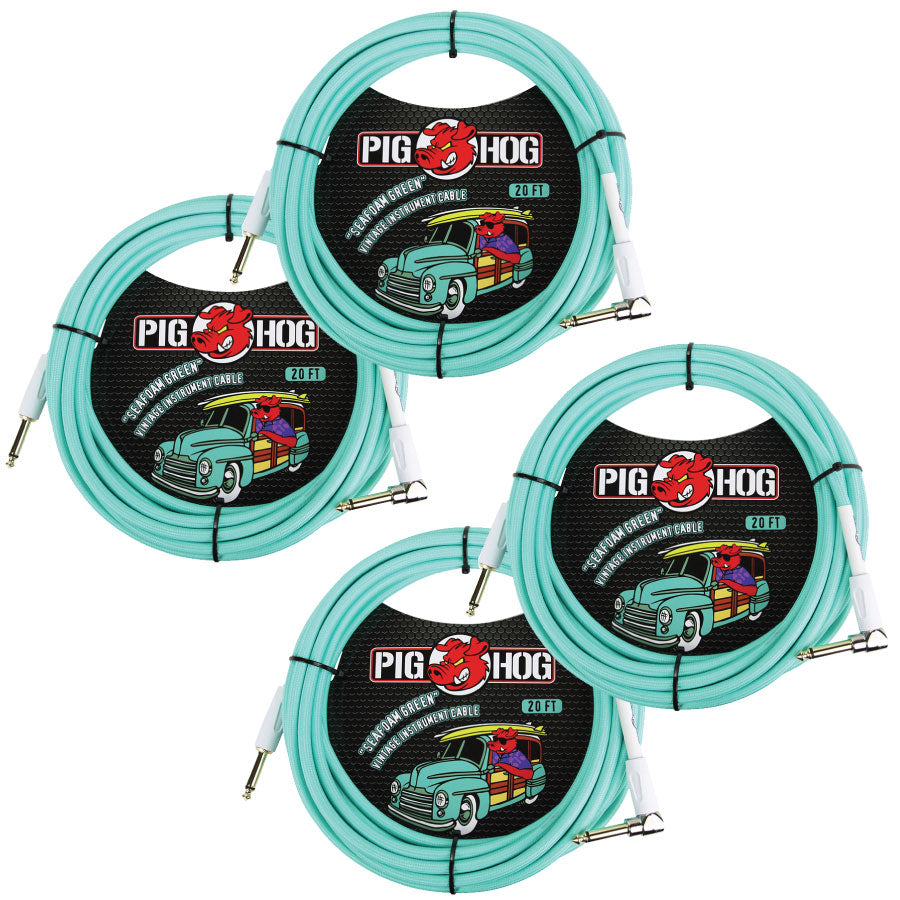 Pig Hog Seafoam Green 20ft Right Angle Vintage Woven Instrument Guitar Cable 4-Pack