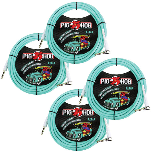 Pig Hog Seafoam Green 20ft Right Angle Vintage Woven Instrument Guitar Cable 4-Pack