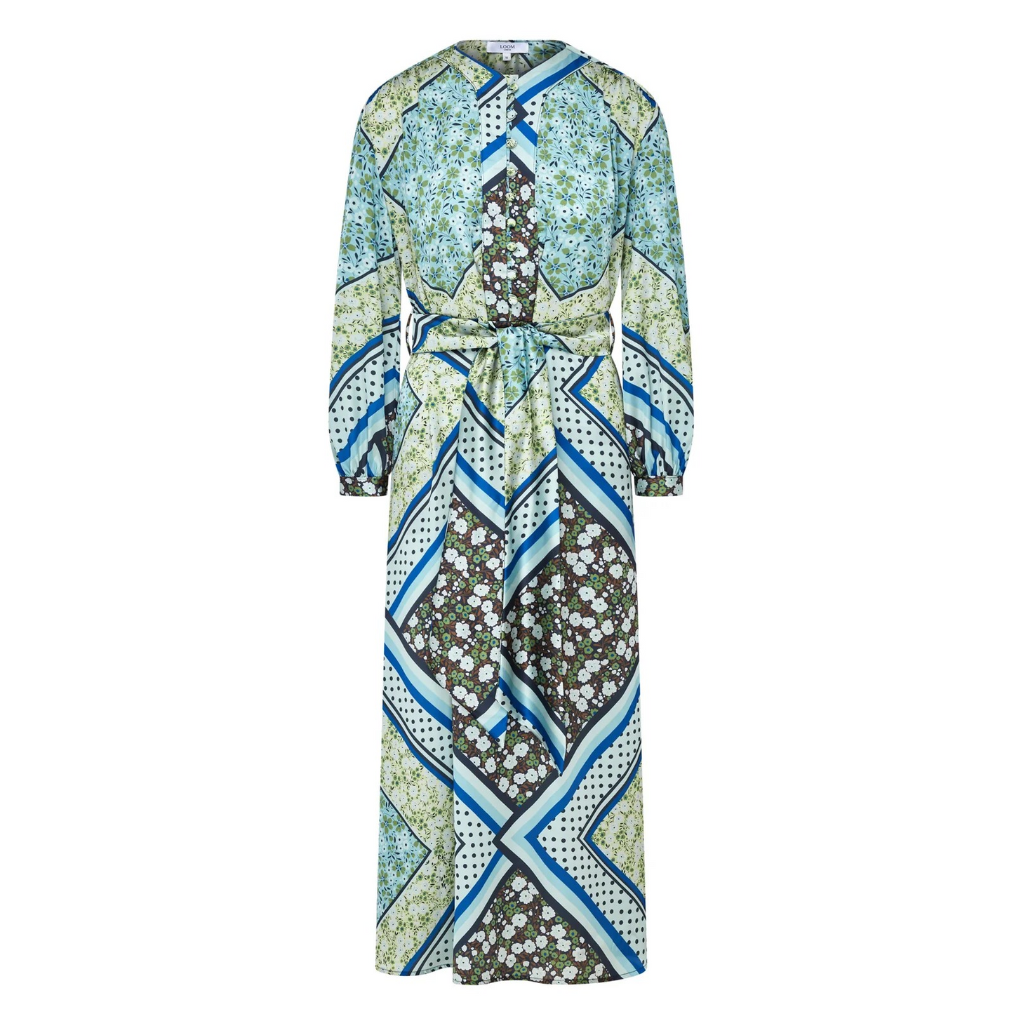 Green Scarf Print Maxi Dress Satin Belted Shirt Dress Alida
