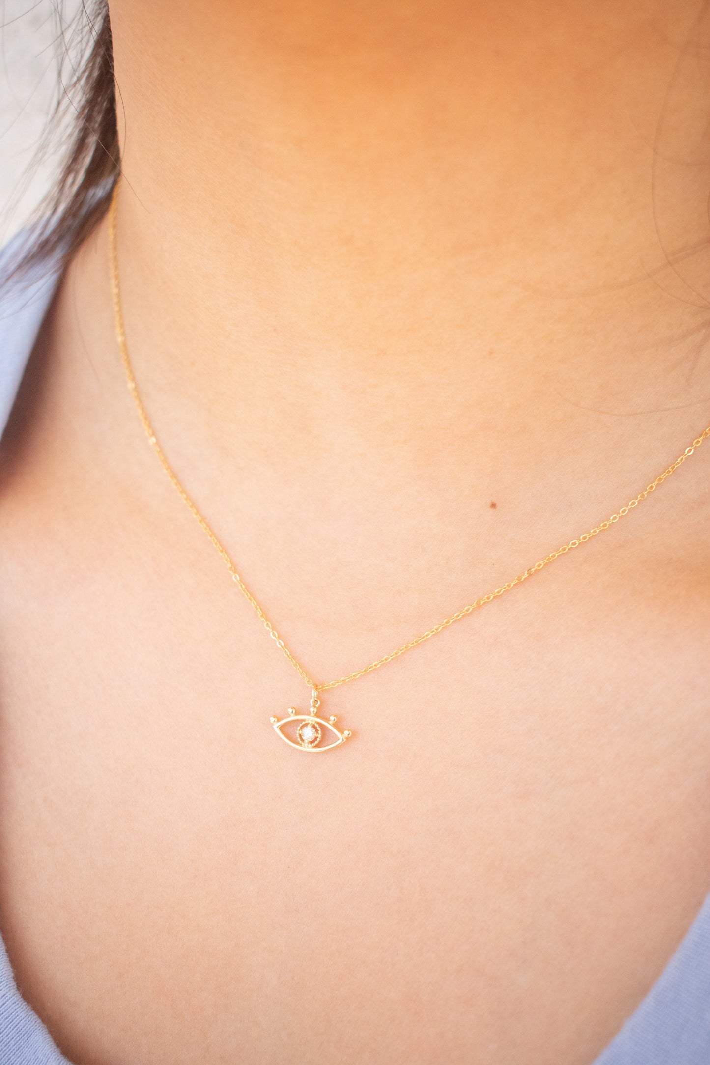 Evil Eye Charm Necklace 14k Yellow Gold Santorini Necklace Set & Stones