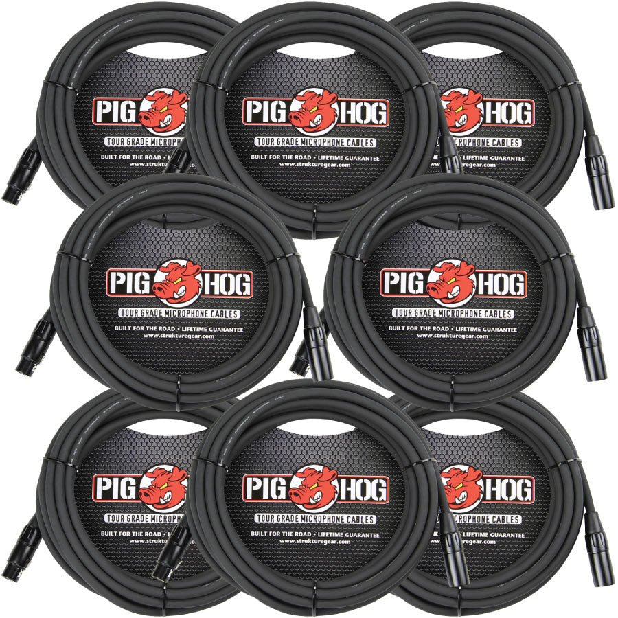 8mm High Performance 20ft XLR Microphone Cable 8 Pack Pig Hog