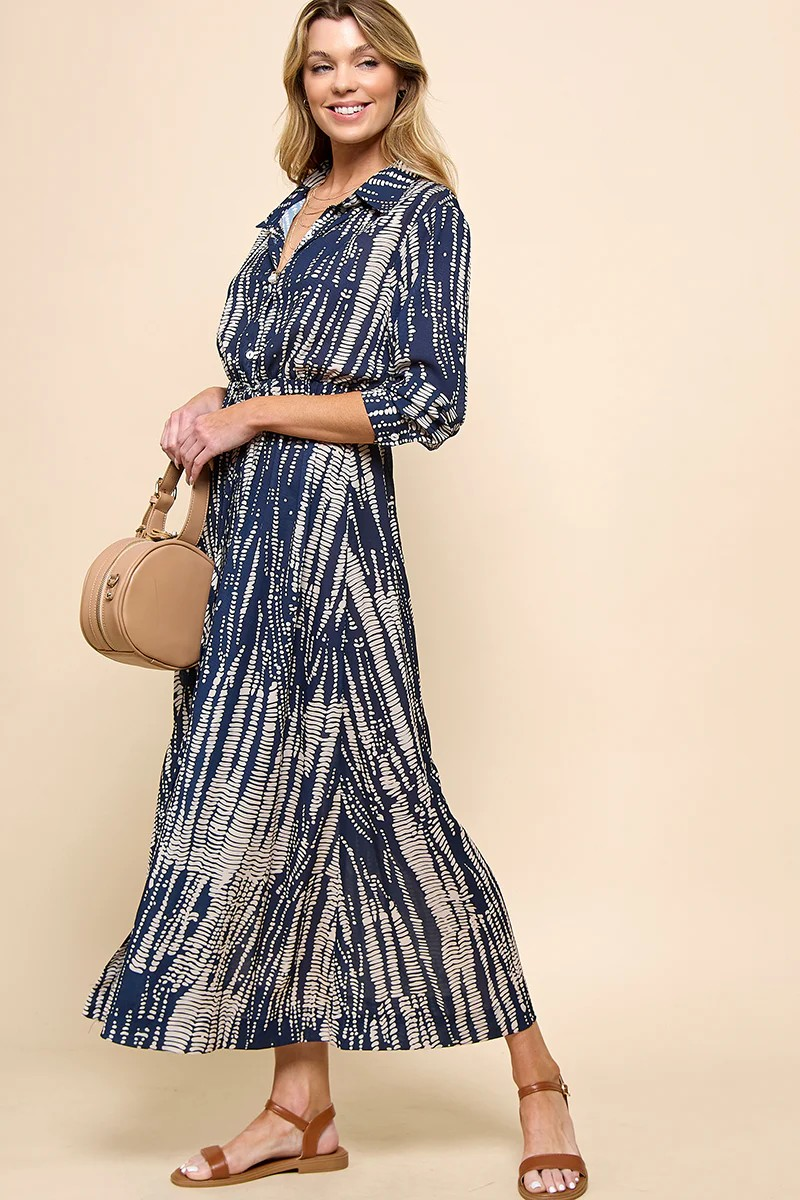 Button Down Drawstring Waist Maxi Dress