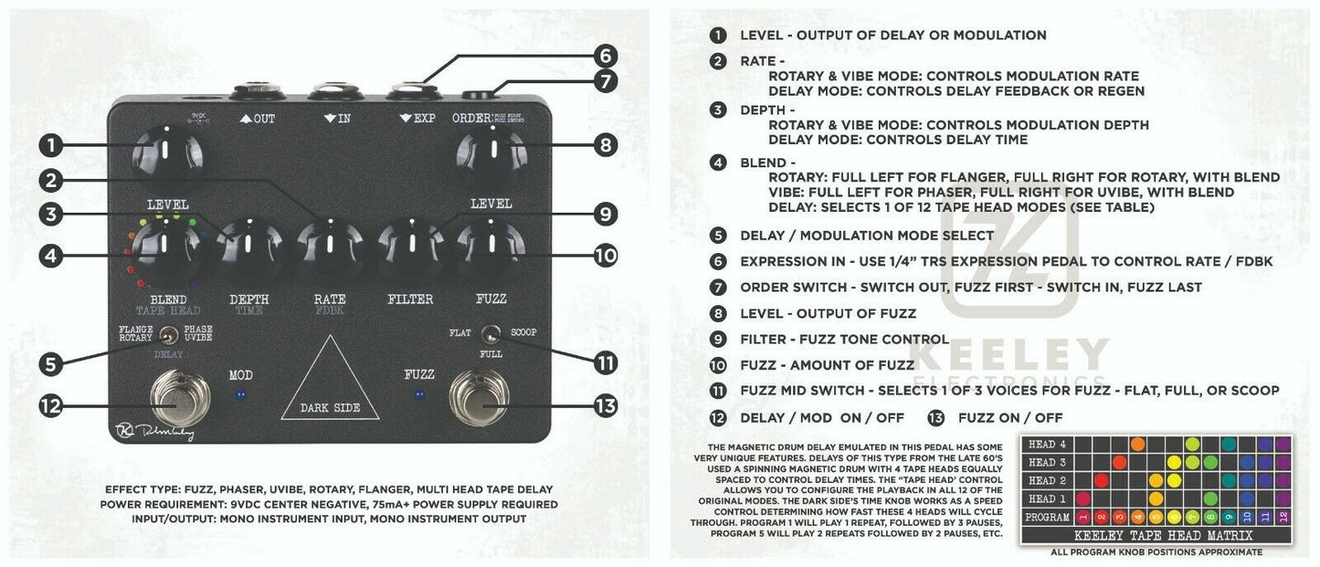 Keeley Dark Side Workstation Multi-effects Pedal Fuzz Delay Modulation