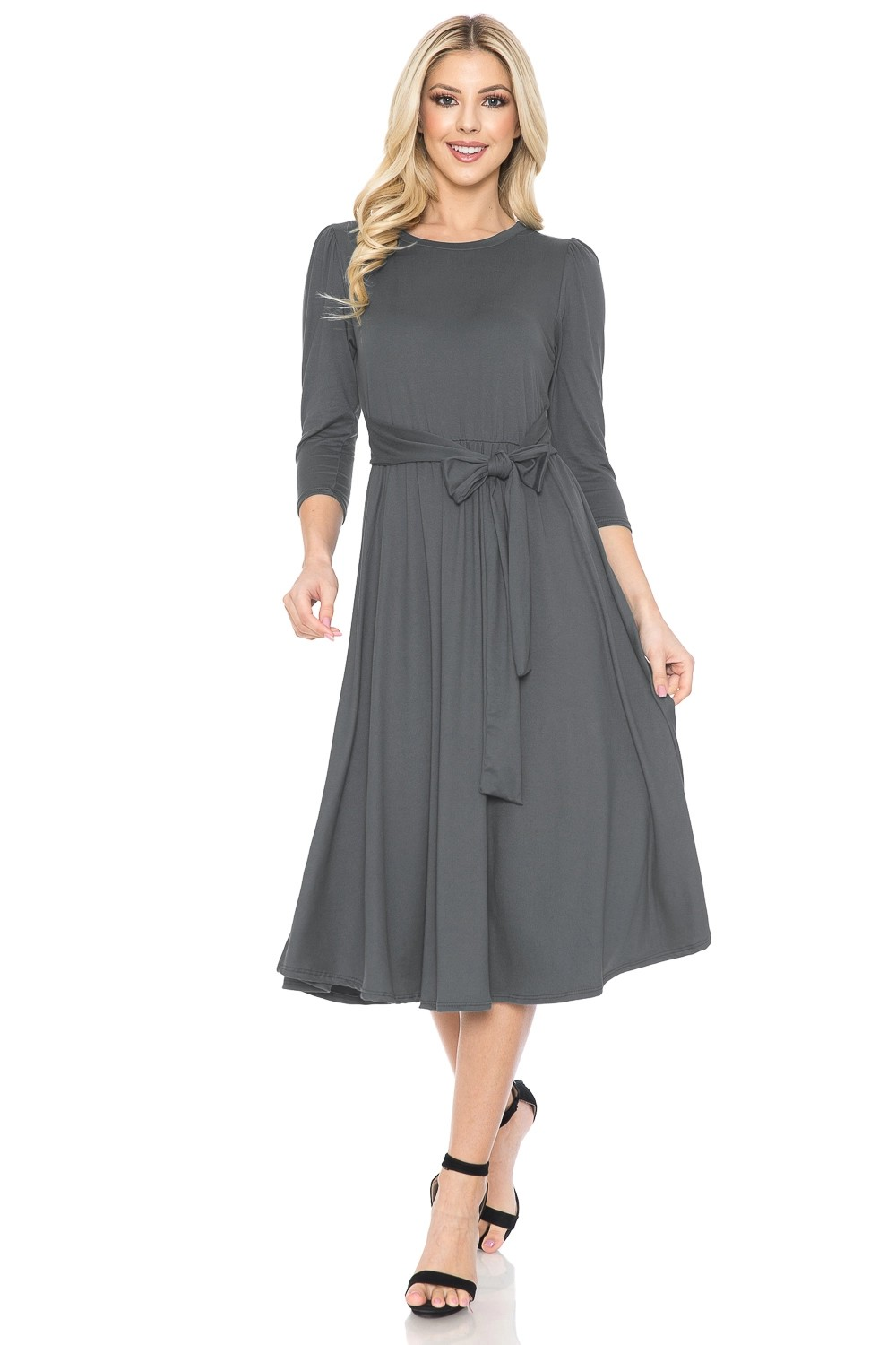 A Line Midi Dress with Shirred Shoulder A-Line Midi Dress