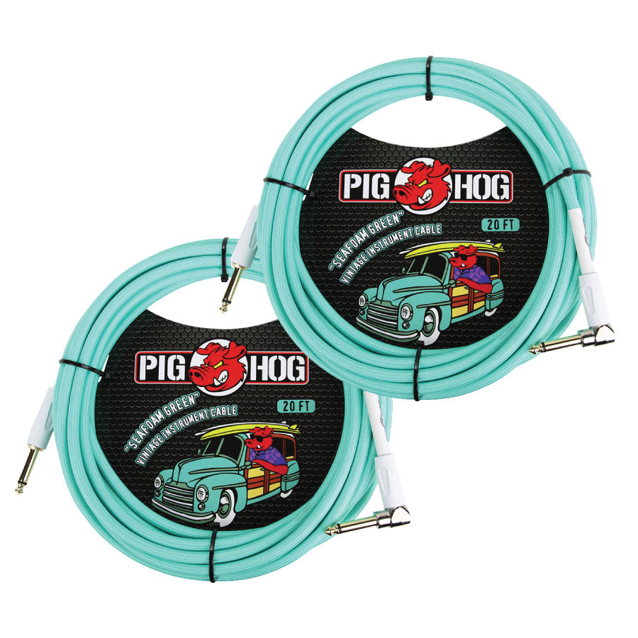Pig Hog Vintage Woven 20ft Right Angle Instrument Guitar Cable Seafoam Green