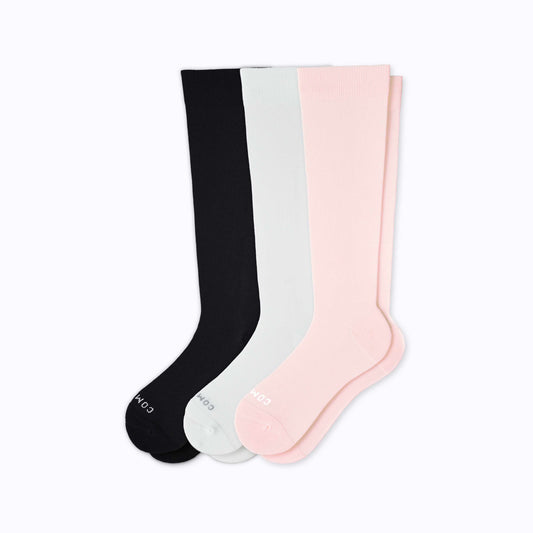 Knee-High Compression Socks 3 Pack Solids Black Rose White