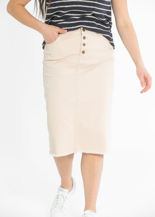 Kobe Raw Hem Denim Midi Skirt