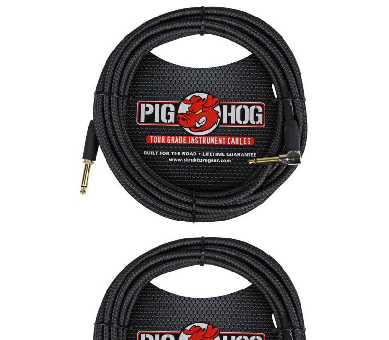 Black Woven ¼” to ¼” Right Angle Instrument Cable 20ft Pig Hog
