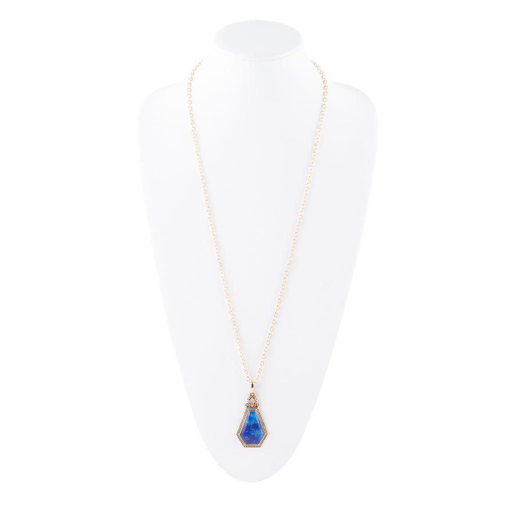 Blue Lapis Golden Elongated Pendant Necklace 30-32 Inch Chain Barse Jewelry
