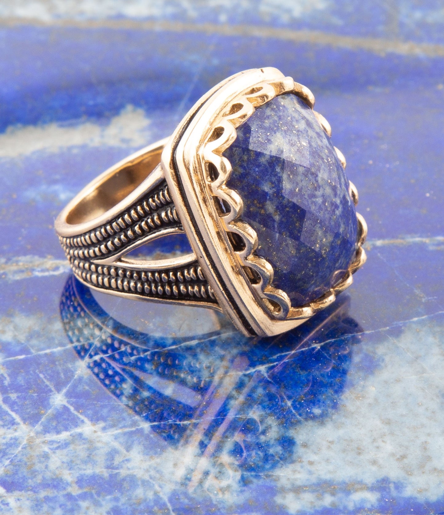 Blue Lapis Golden Cocktail Ring Genuine Bronze Barse Jewelry