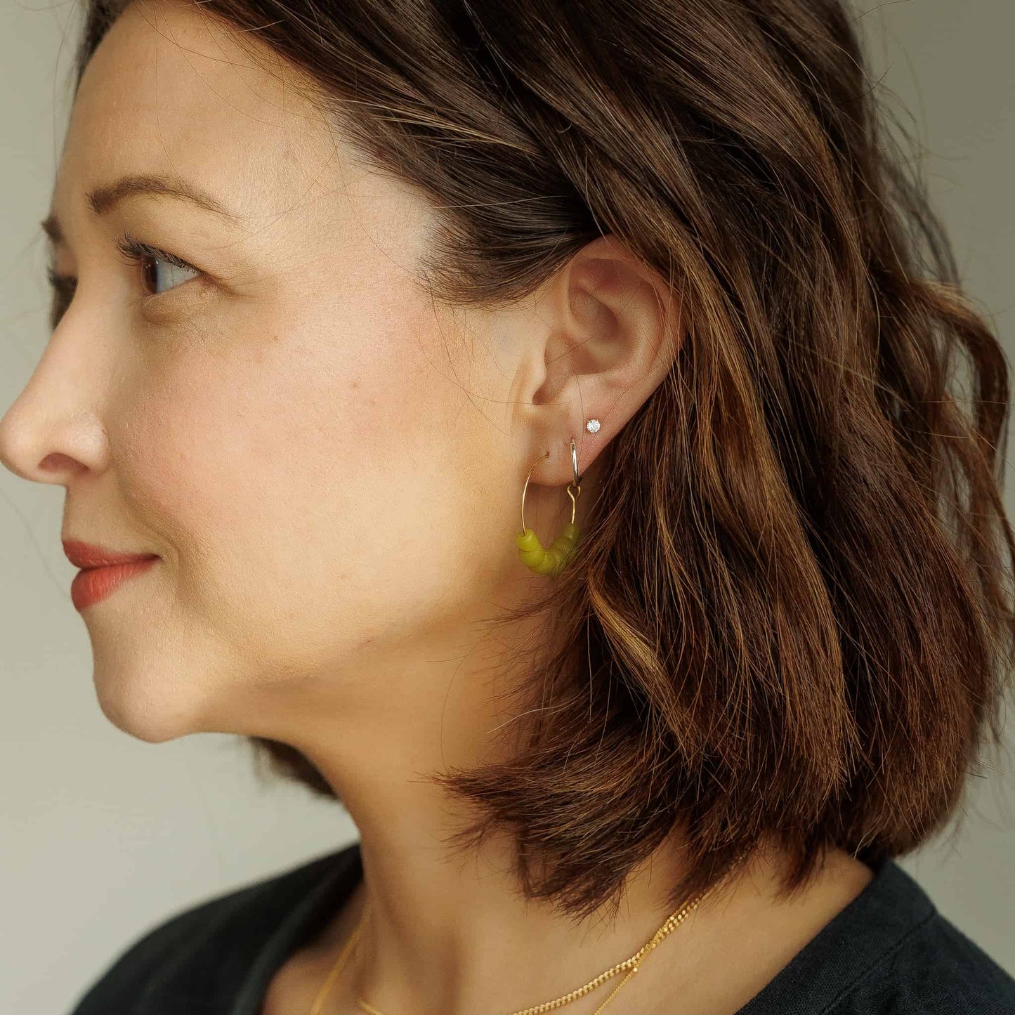 Lime Green Glass Beaded Hoop Earrings 14k Gold Plated Sela Designs