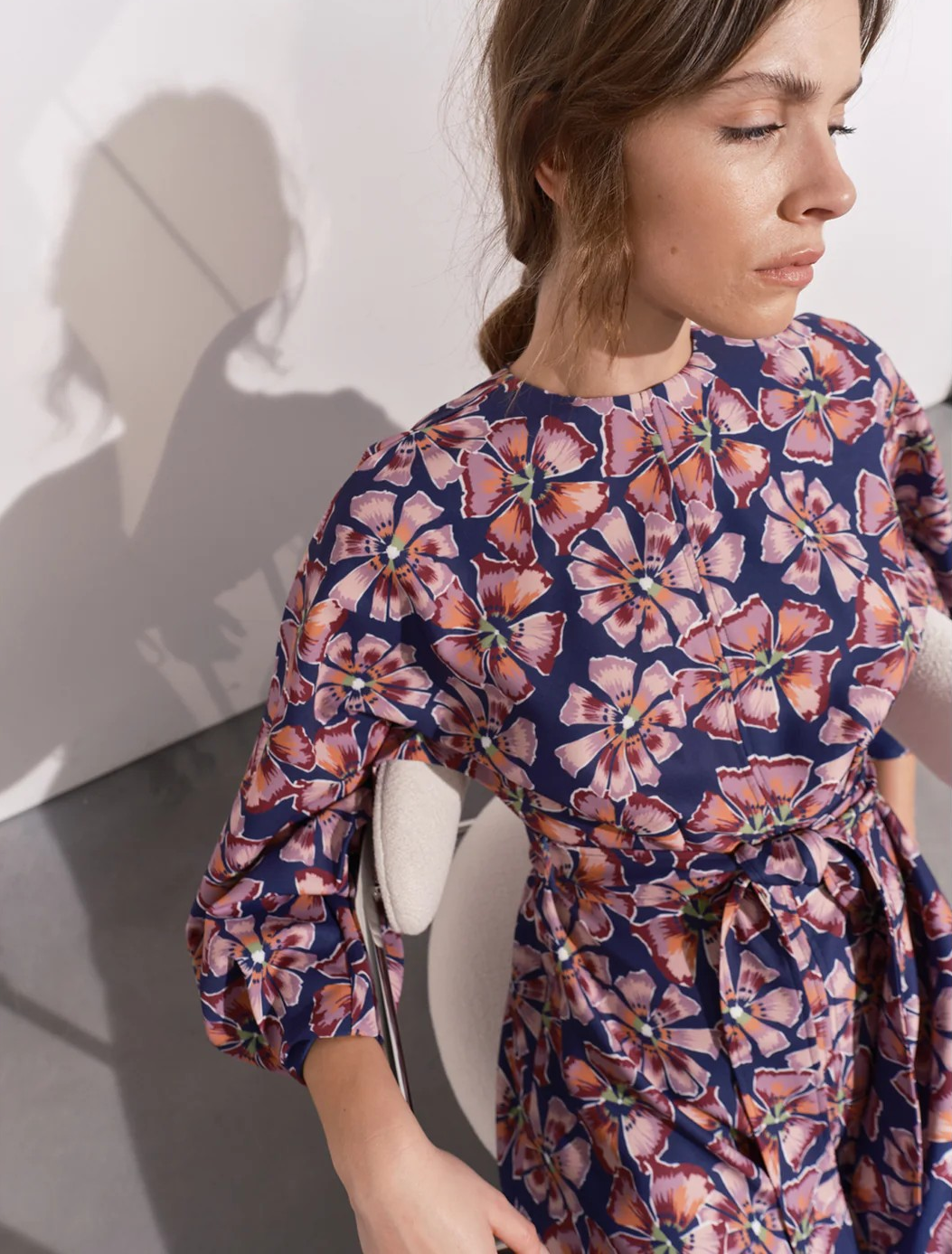 Navy & Pink Floral Dress Flowing Sleeves Full Skirt Maeve