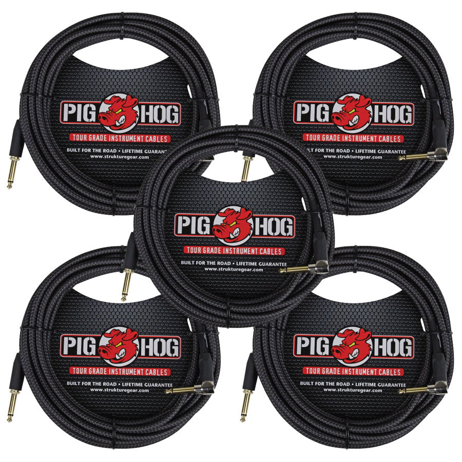 Black Woven 20ft Right Angle Instrument Cable ¼” to ¼” 5 Pack Pig Hog