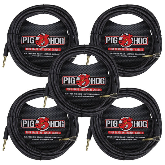Black Woven 20ft Right Angle Instrument Cable ¼” to ¼” 5 Pack Pig Hog