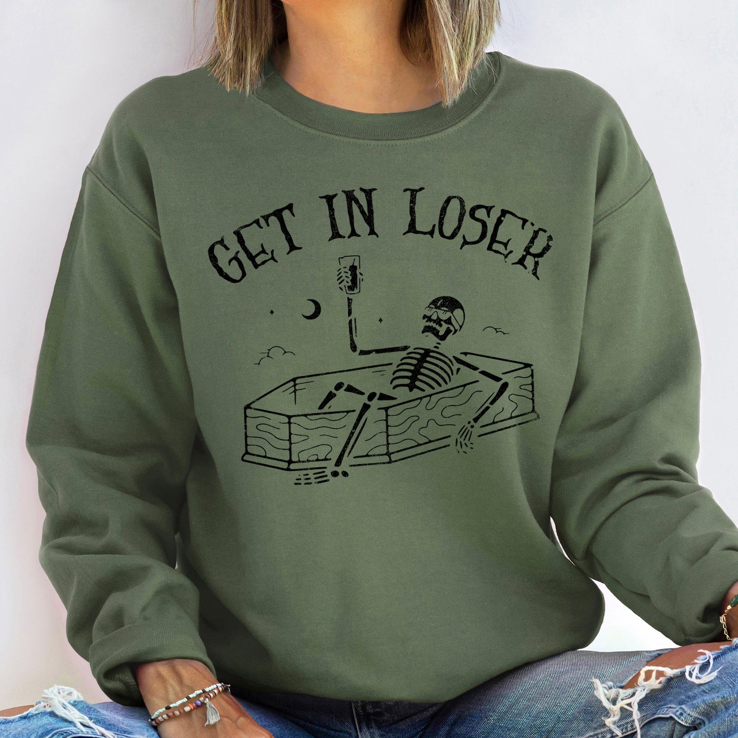 Get In Loser Skeleton Halloween Sweatshirt Unisex Cotton Polyester Blend