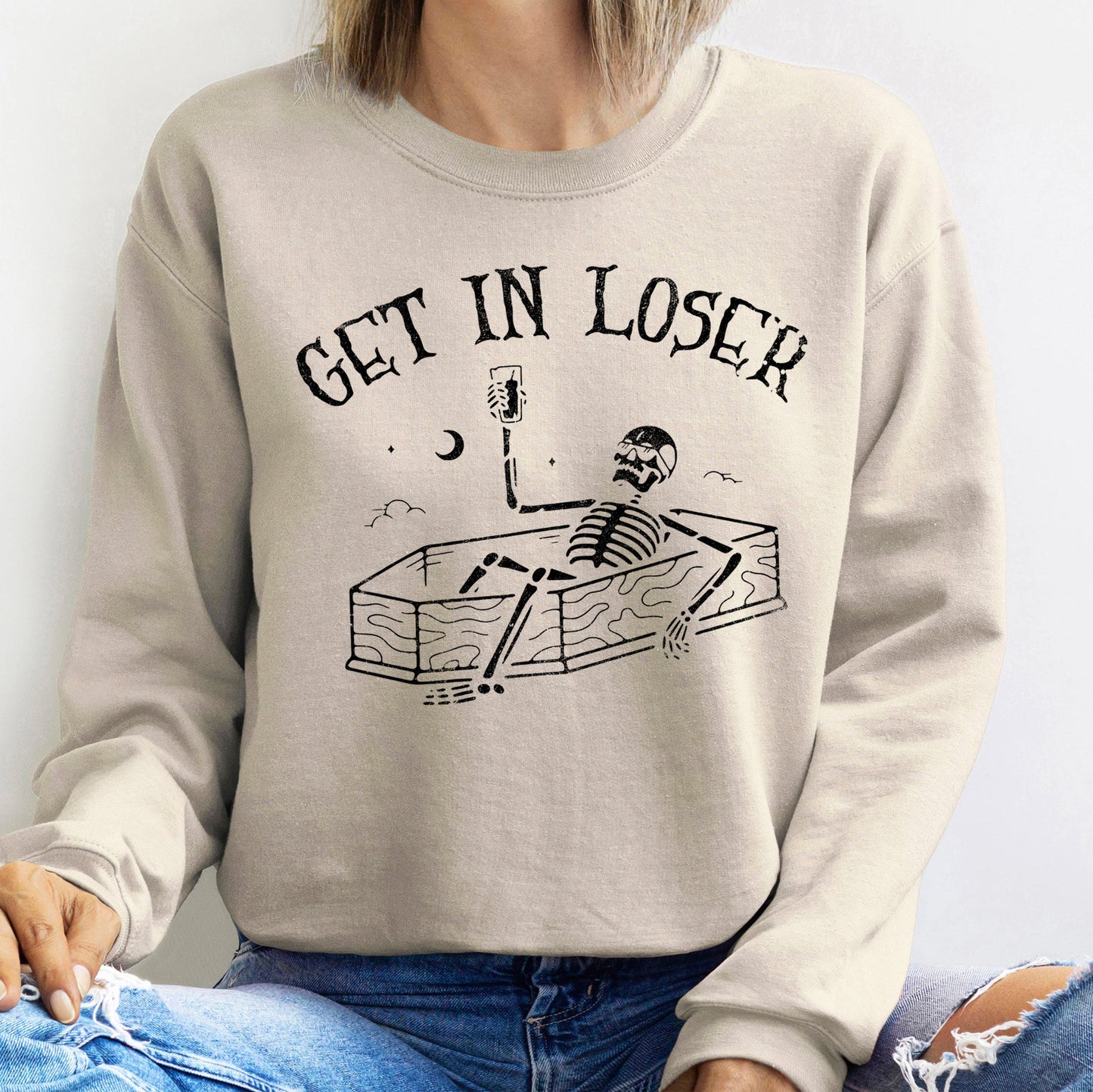 Get In Loser Skeleton Halloween Sweatshirt Unisex Cotton Polyester Blend