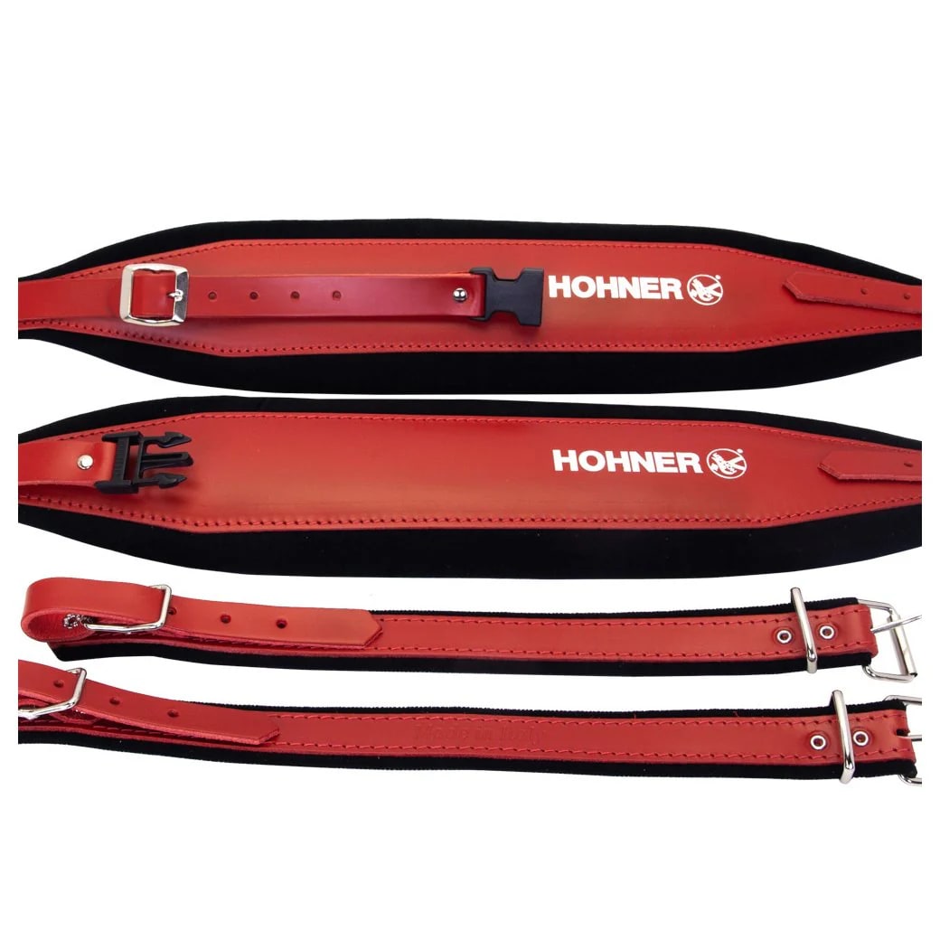 Extra-Large Leather Accordion Strap with Back Strap Red on Black Hohner