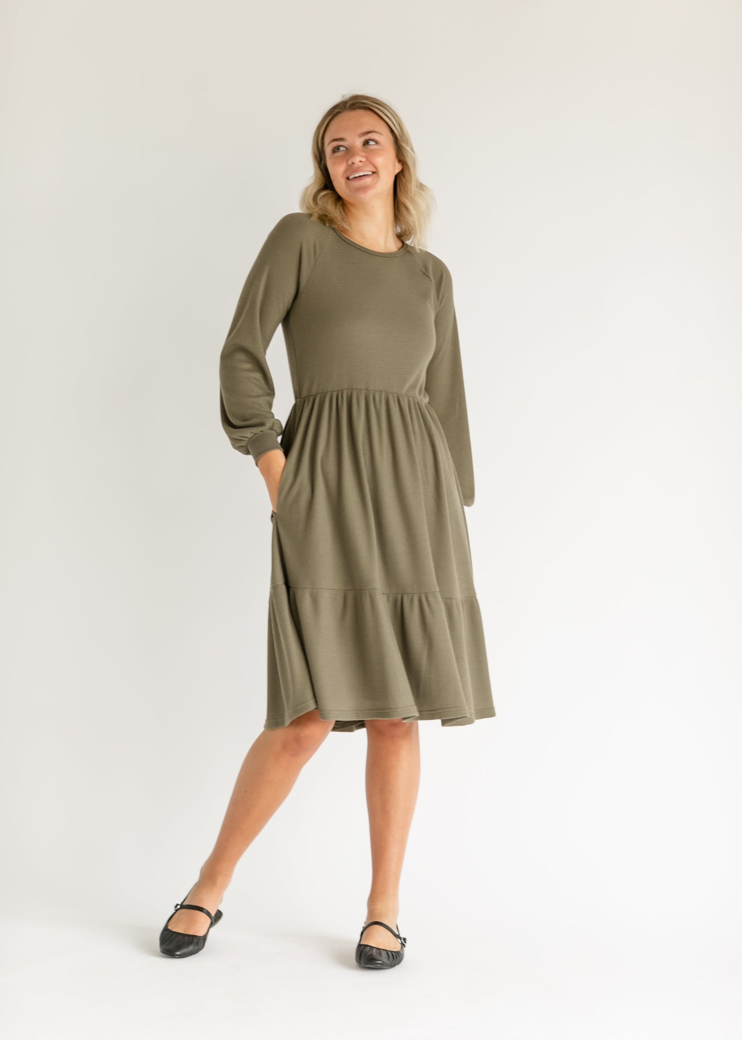Luna Olive Tiered Midi Dress Long Sleeve