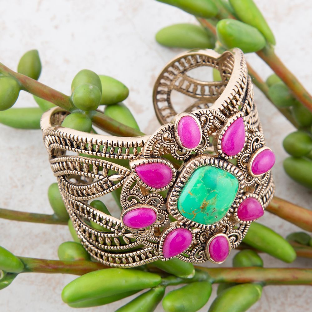 Madeira Lime and Pink Agate Statement Golden Cuff Bracelet