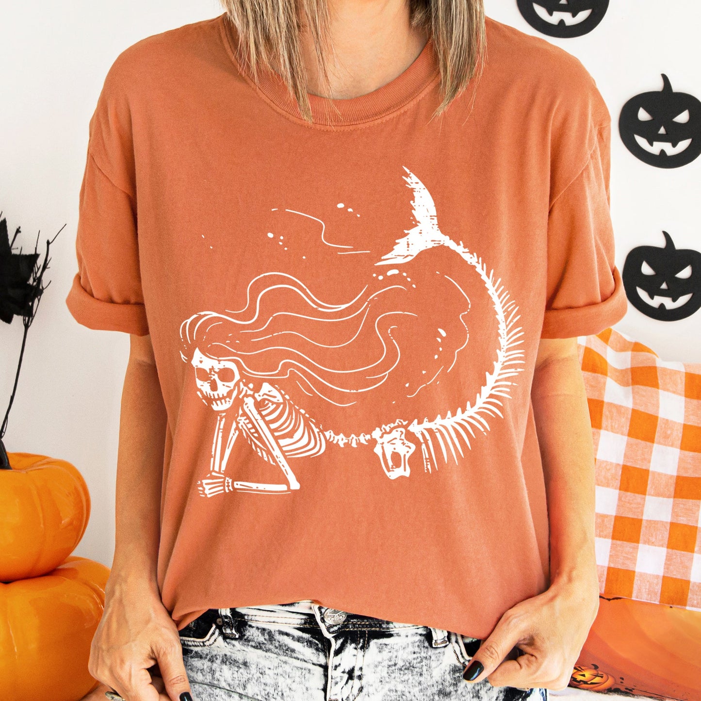 Mermaid Skeleton Retro Halloween Comfort Colors Tshirt