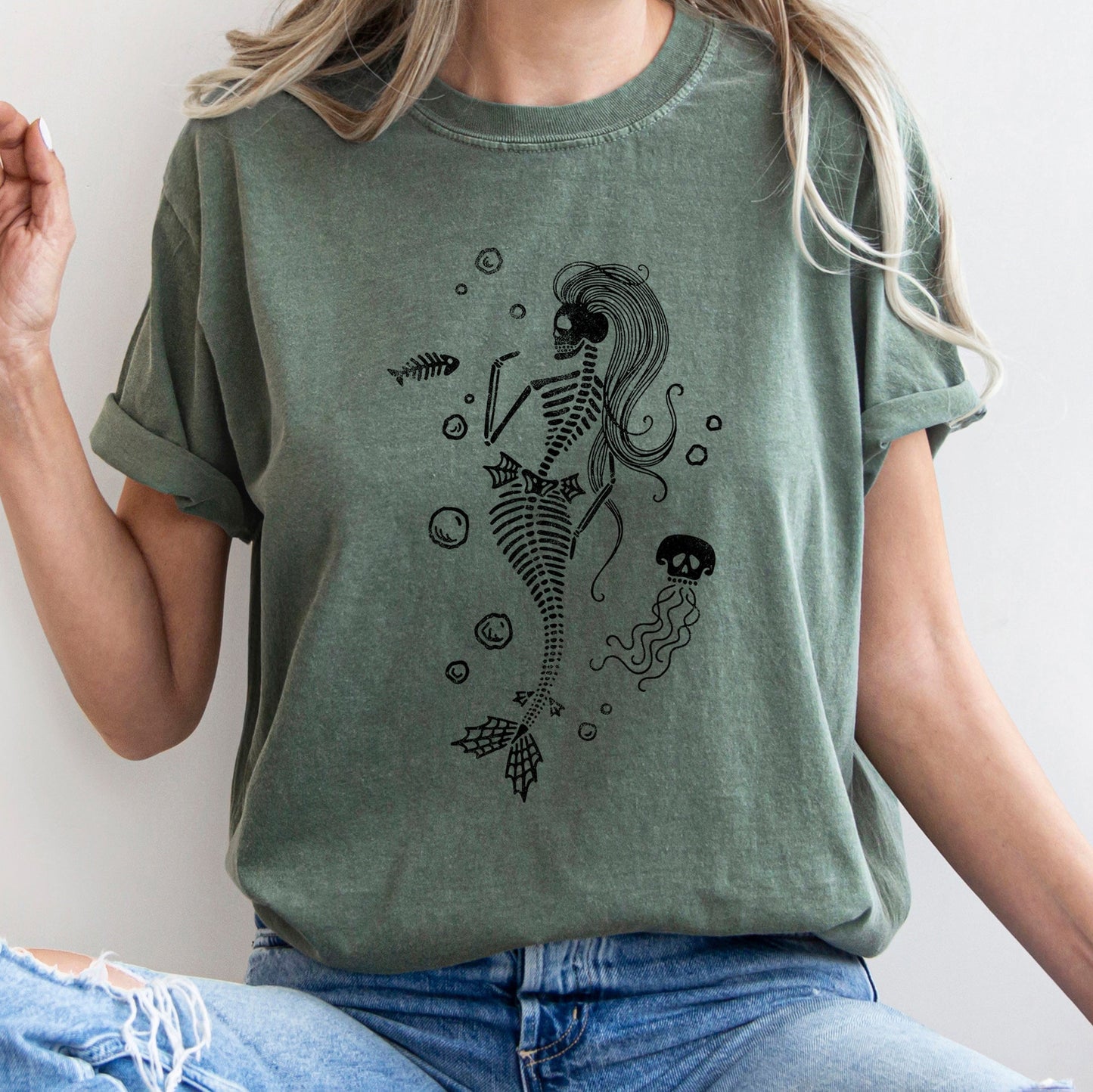 Mermaid Skeleton Jellyfish Retro Halloween Comfort Colors Tshirt