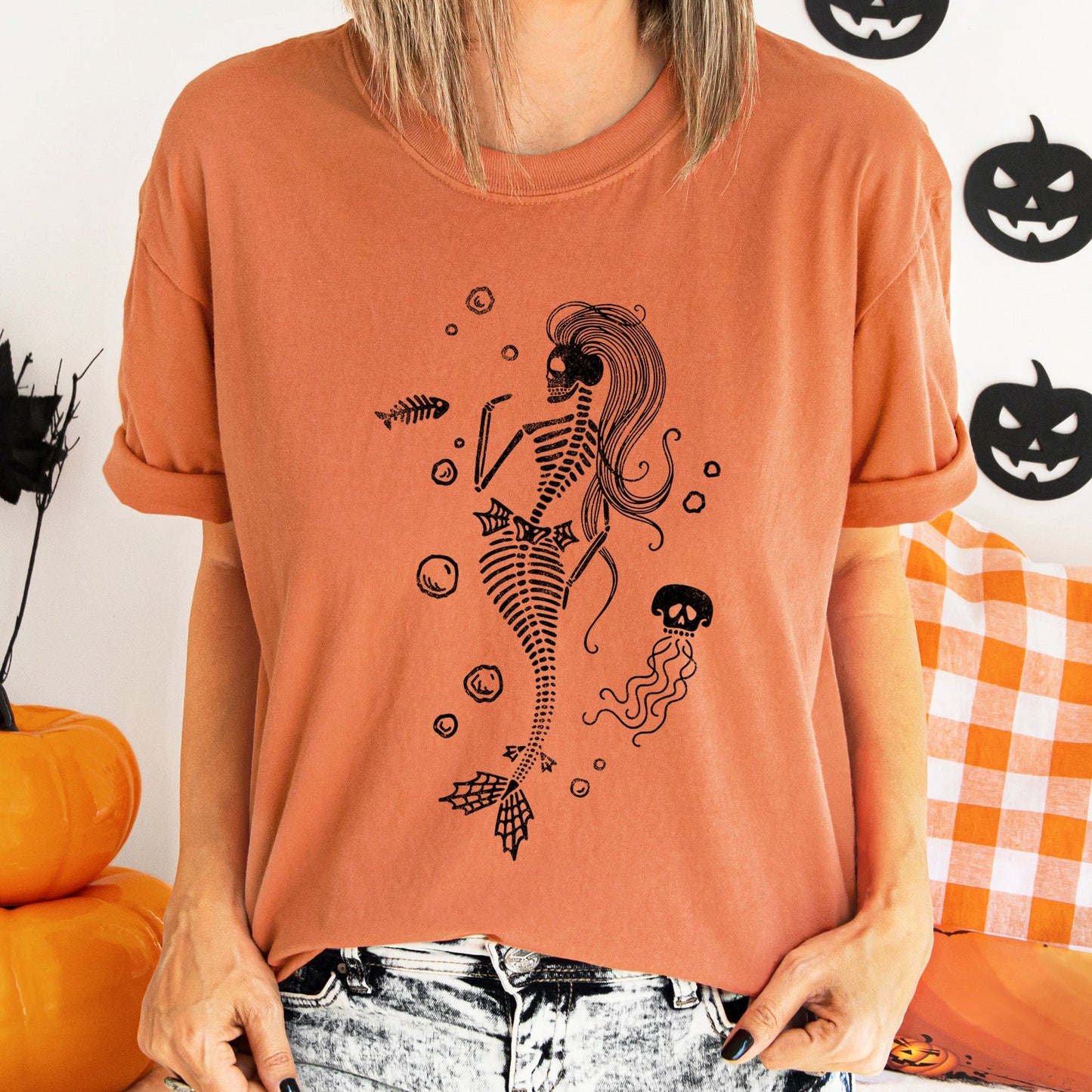 Mermaid Skeleton Jellyfish Retro Halloween Comfort Colors Tshirt