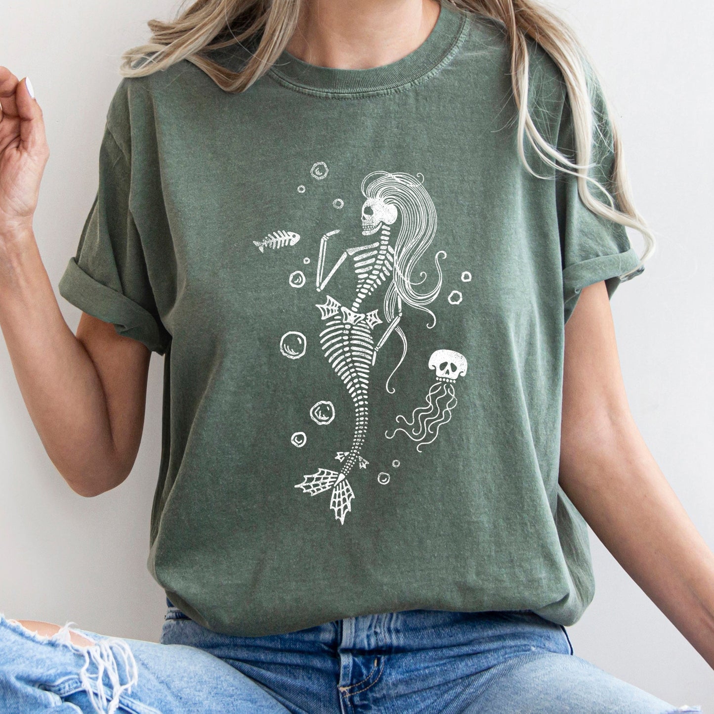 Mermaid Skeleton Jellyfish Retro Halloween Comfort Colors Tshirt