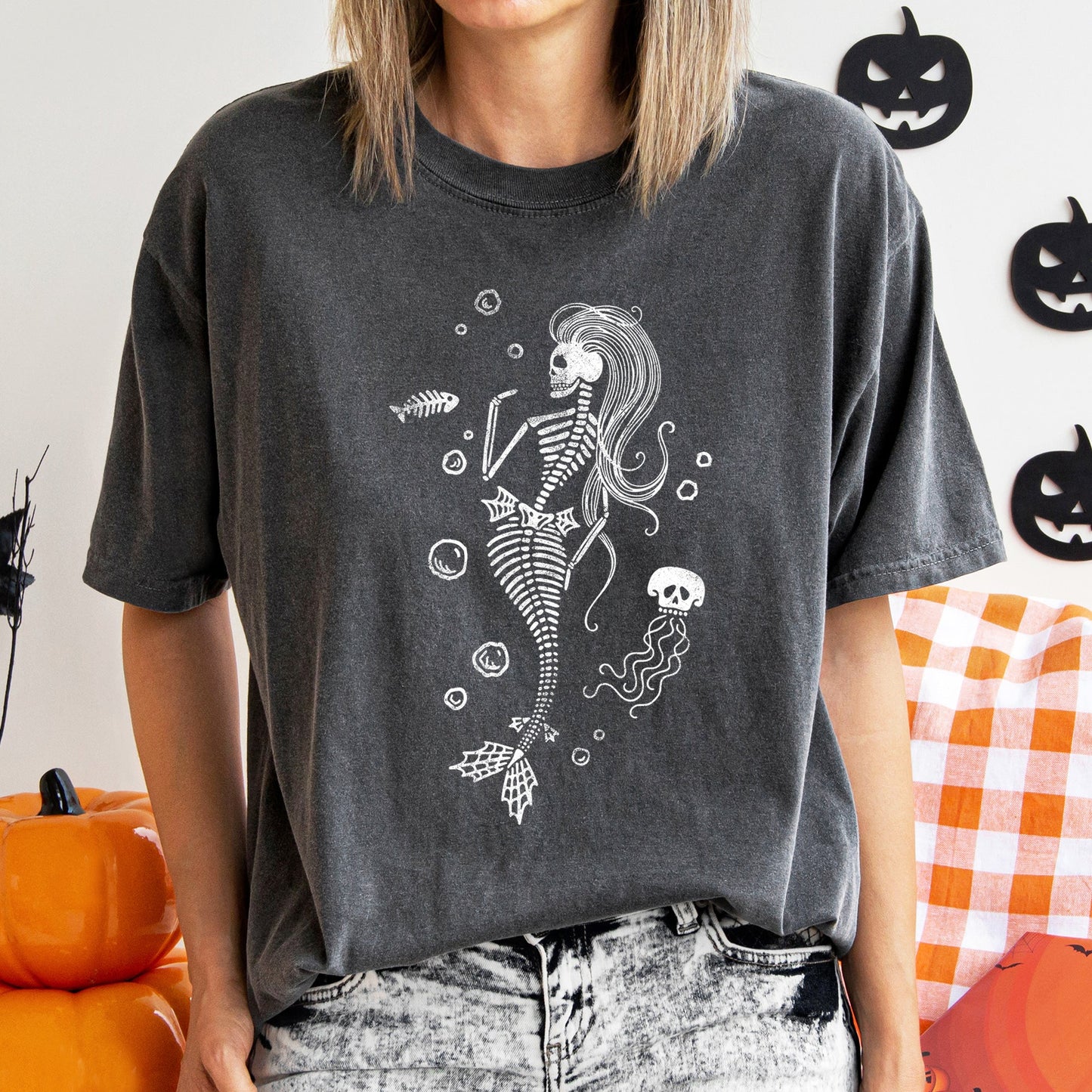 Mermaid Skeleton Jellyfish Retro Halloween Comfort Colors Tshirt