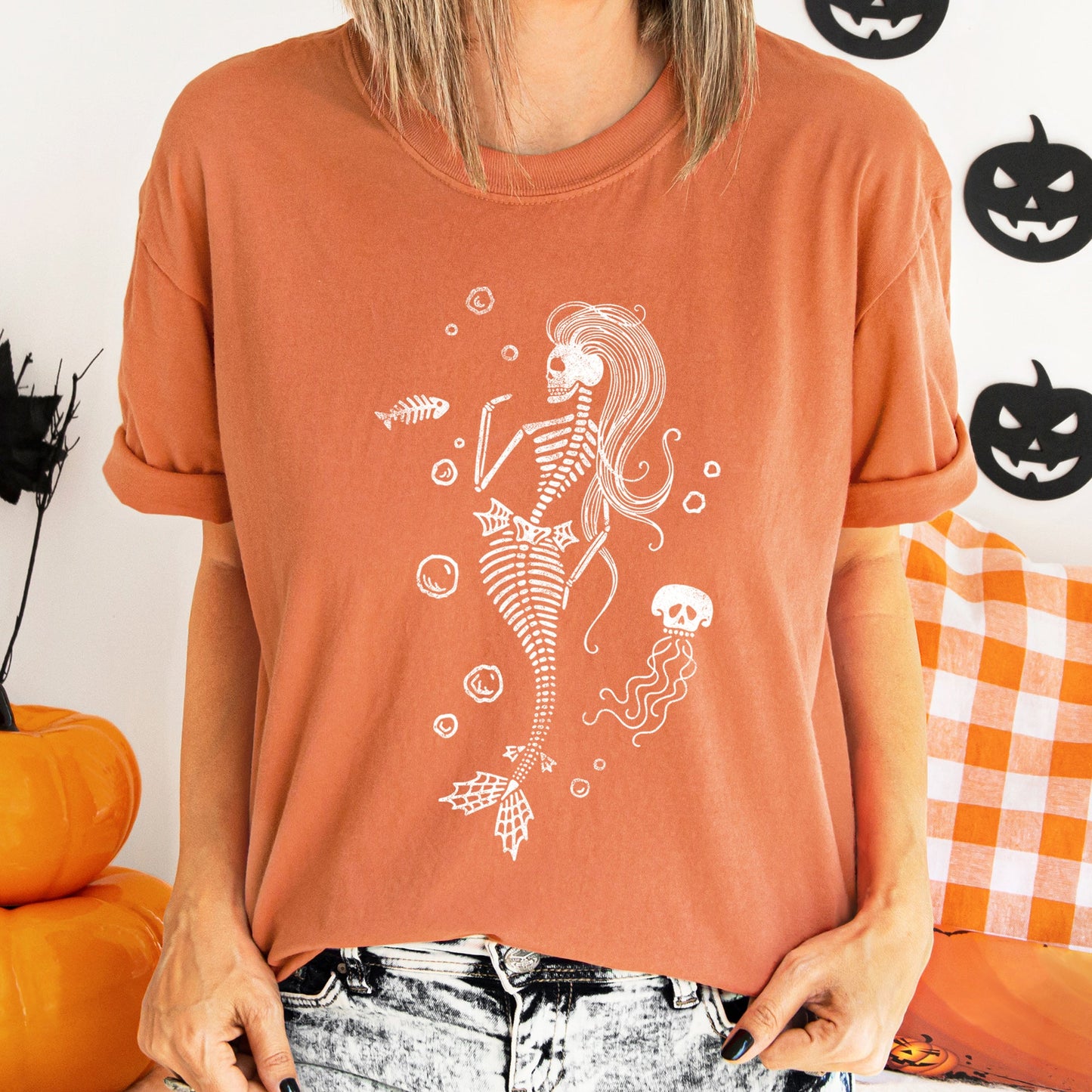 Mermaid Skeleton Jellyfish Retro Halloween Comfort Colors Tshirt