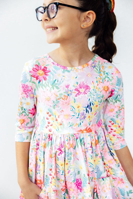 Field of Flowers 3/4 Sleeve Pocket Twirl Dress Mila & Rose