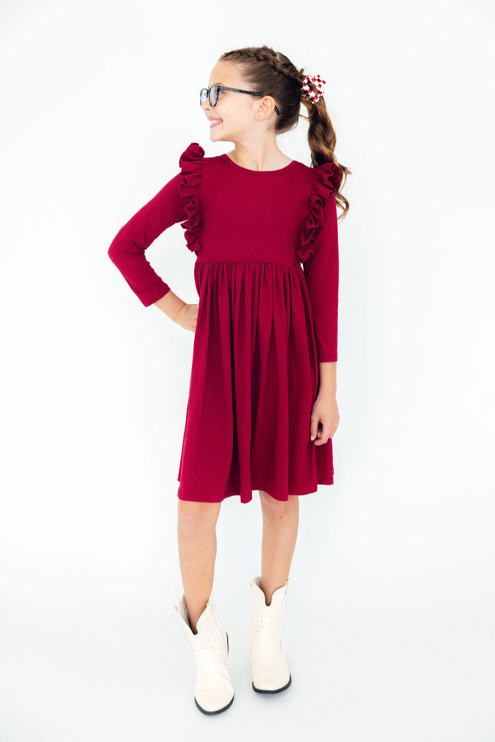 Burgundy Long Sleeve Ruffle Twirl Dress Mila & Rose