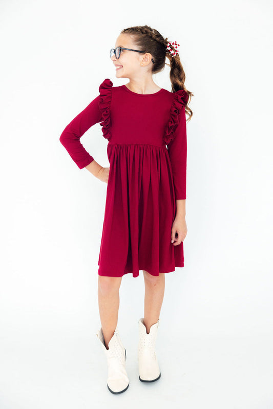 Burgundy Long Sleeve Ruffle Twirl Dress Mila & Rose
