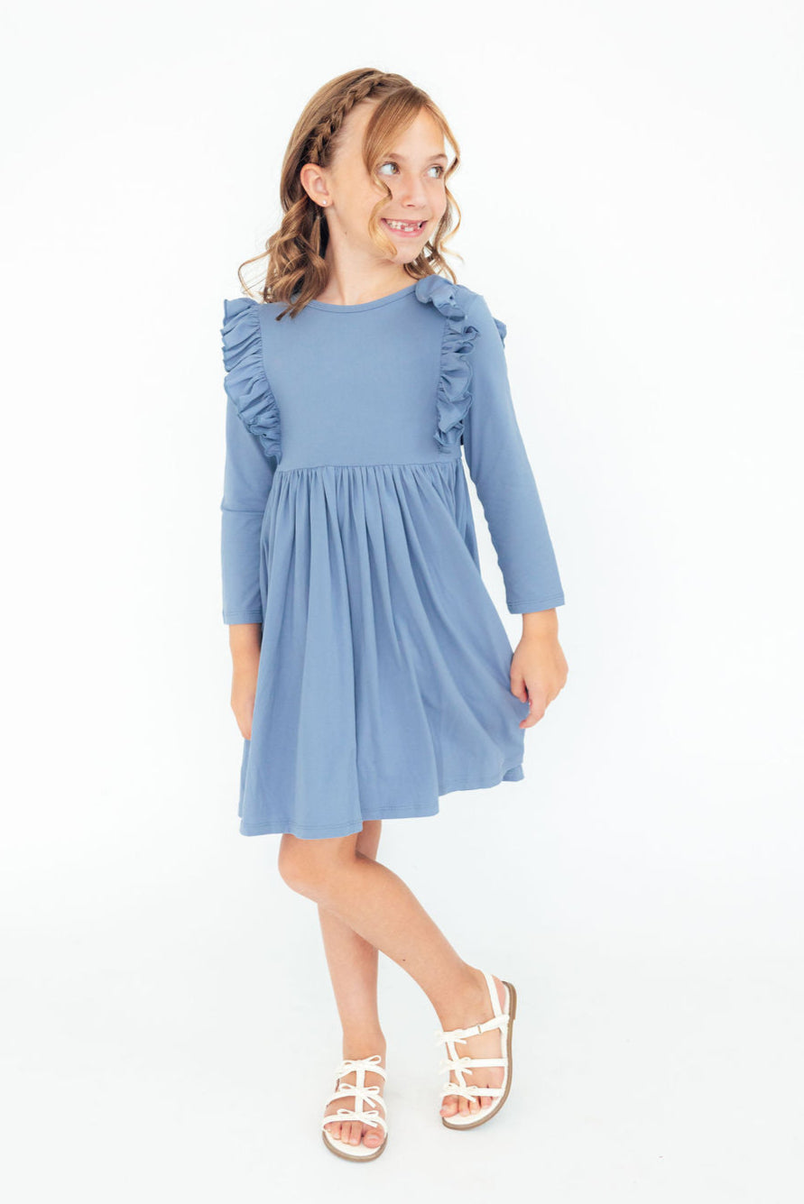 Dusty Blue Long Sleeve Ruffle Twirl Dress Mila & Rose