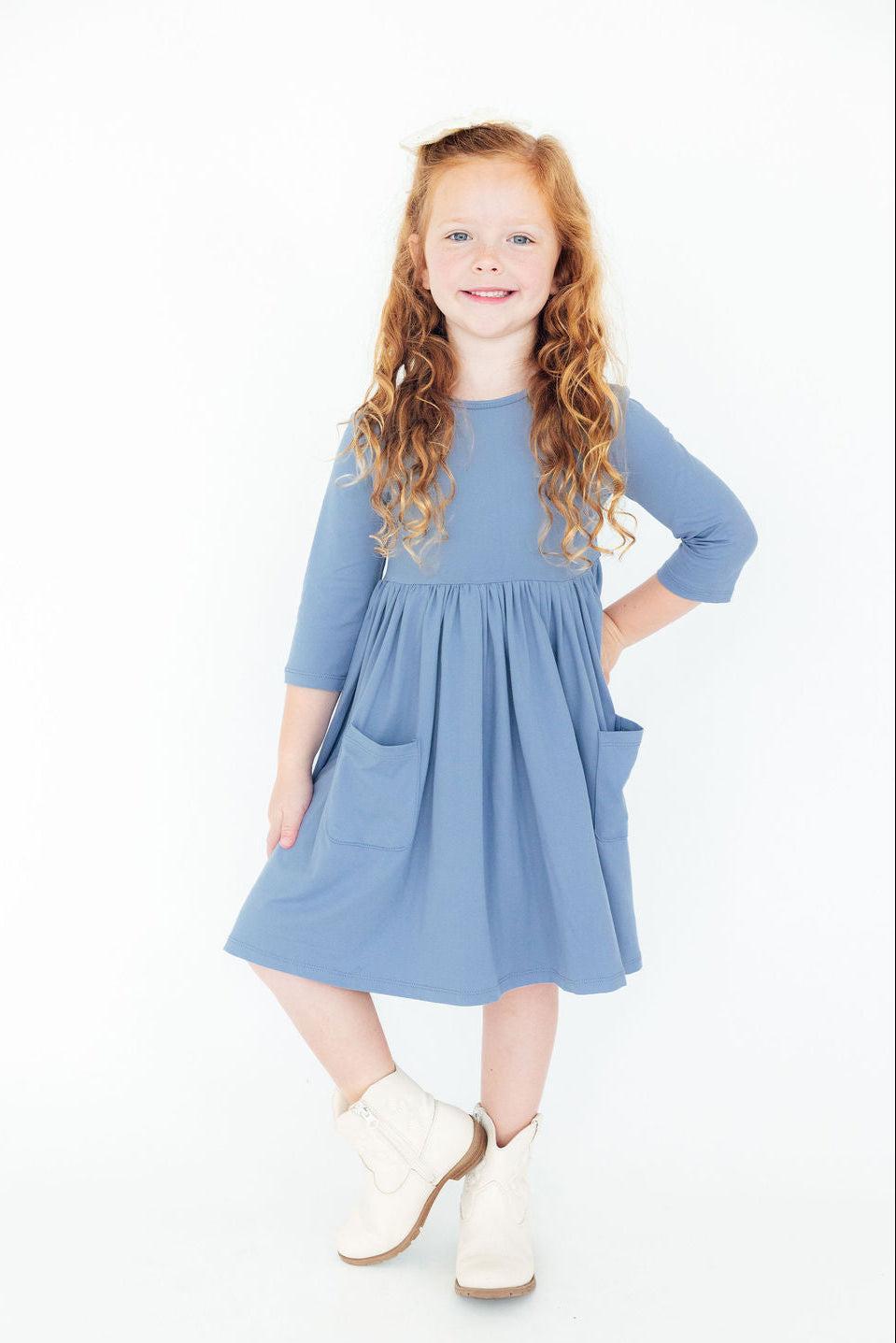 Dusty Blue Twirl Dress 3/4 Sleeve Pocket Dress