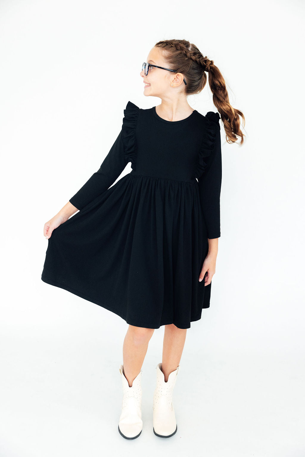 Black Long Sleeve Ruffle Twirl Dress Mila & Rose